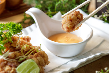 japanese food grilled chicken karage served with mayo sauce