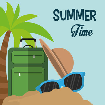 summer time card suitcase hat sunglasses sand palm vector illustration eps 10