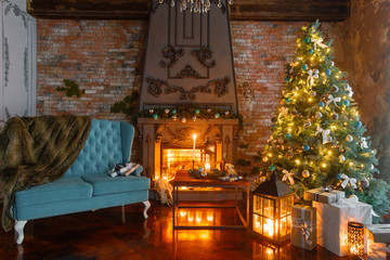 Calm image of interior Classic New Year Tree decorated in a room with fireplace