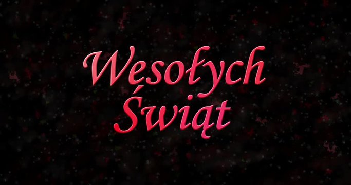 Merry Christmas text in Polish "Wesolych Swiat" formed from dust and turns to dust horizontally on black animated background

