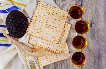 Still-life with wine and matzoh jewish passover bread 