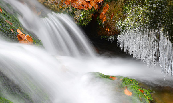 Winter creek with icicles in the national park Sumava,Czech Republic.