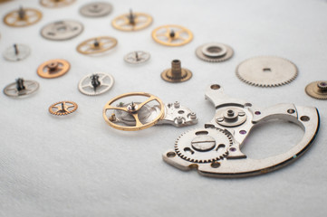 Detail of watch machinery on the table.