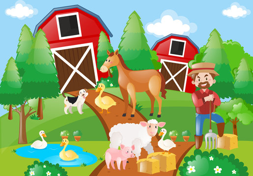 Farm scene with farmer and farm animals at daytime