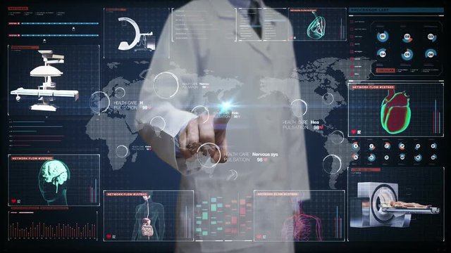 Doctor touching digital screen, World Medical health care service in the world, Remote diagnosis and treatment, Telemedicine in digital display.