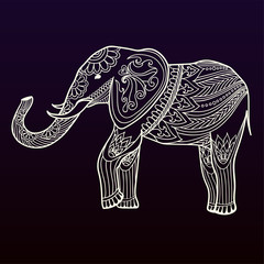 Indian elephant in traditional asian style. Ornate linear elephant on background for coloring page design, t-shirt design etc. Hand drawn outline vector illustration