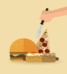 Pizza hot dog and hamburger icon. Fast food urban american and menu theme. Colorful design. Vector illustration