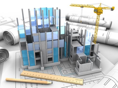 3d illustration of building construction over drawing rolls background with crane