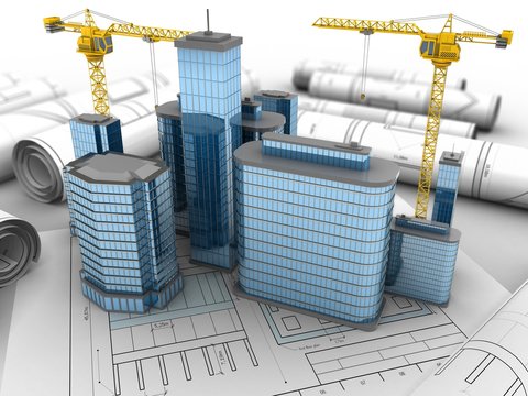 3d illustration of two cranes over drawing rolls background with city