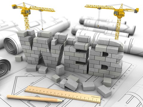 3d illustration of web development over drawings background with two cranes
