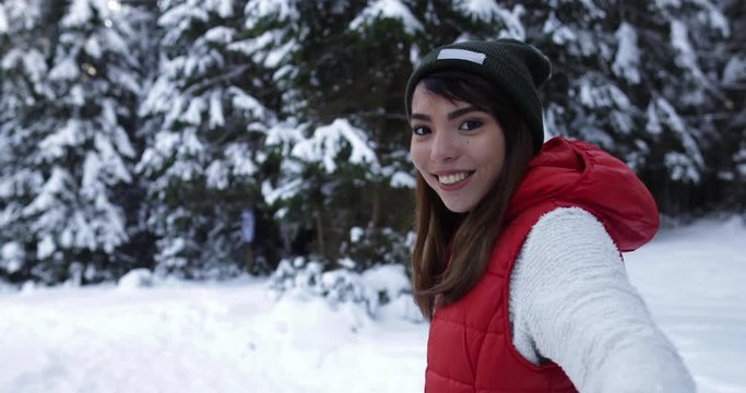 Asian Woman Winter Snow Forest Walking Happy Smiling Young Girl In Snowy Park Slow Motion 60