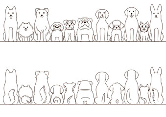 small and large dogs border set, front view and rear view, line art