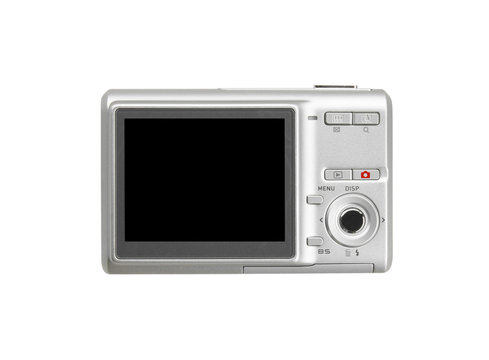 back silver digital compact camera with the blank black screen d