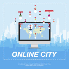 Online city, people communicate in a network.