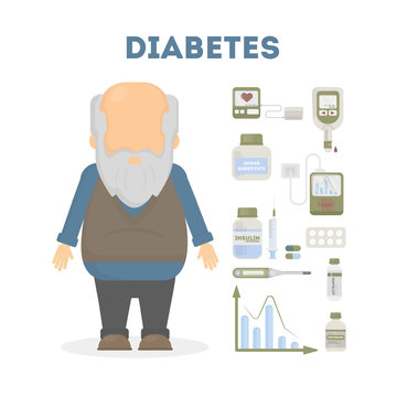 Diabetes infographic set. old Man with equipment standing on white background.