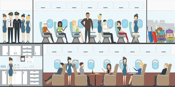 People in airplane. Aircraft transport interior.