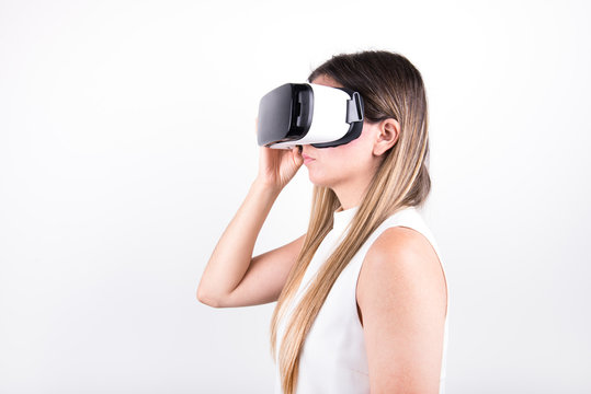 female model wearing virtual reality headset