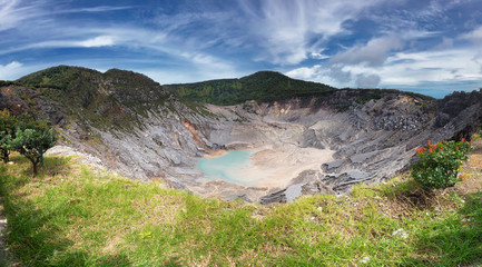 Panoramic view of Tangkuban Perahu crater, showing beautiful and huge mountain crater, at the...