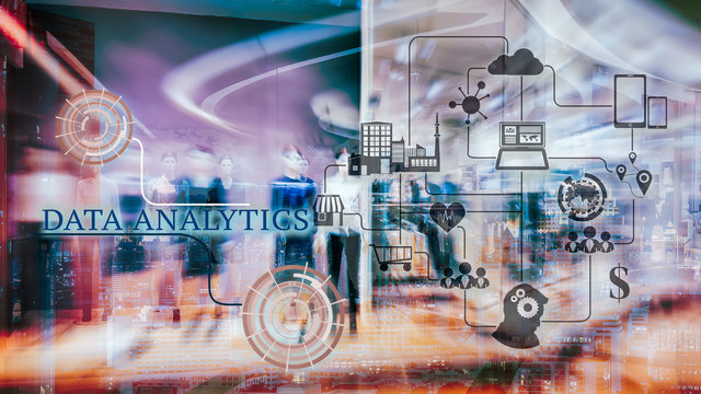 Marketing Data mangement platform concept image. Data collection icons with Big data analytic message on abstract Fashion stroe background.