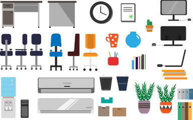 illustration of a large set of office facilities which includes tables, chairs, a laptop computer, documents, coasters, vases, plants, clocks, cooler, konditsiner