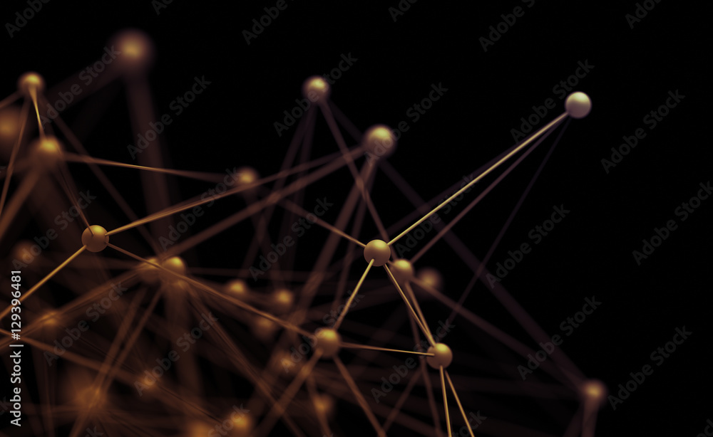 Poster abstract 3d rendering of chaotic structure. plexus background with lines and spheres in empty space.