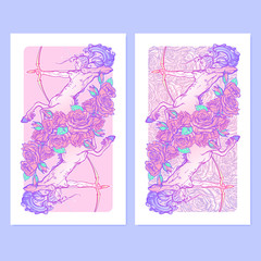Horizontal banners with Zodiac Aries and a decorative frame of roses. Astrology web element. Tattoo design. Sketch in pastel pallette isolated on elegant pattern background. EPS10 vector illustration