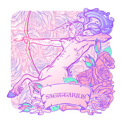 Sagittarius Zodiac sign with a decorative frame of roses Astrology concept art. Tattoo design. Gay Pinup style. Sketch isolated on white background. EPS10 vector illustration.