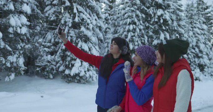 Group Of People Woman Winter Snow Forest Walking Smiling Young Girls Taking Selfie Photo In Snowy Park Slow Motion 60