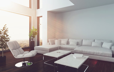 Modern living room interior with oriel and sunbeam