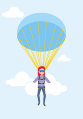Woman parachutist with paratruper flying in the blue sky.