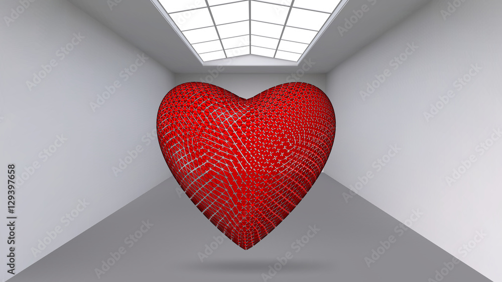 Poster abstract creative concept vector background of geometric shapes - red heart 3d in the large studio r