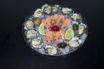 Seafood Cold Plate, oyster, lake prawns, olives and lime