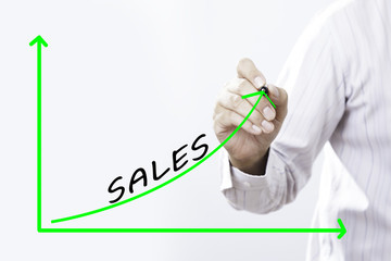 "Sales" text with hand of young businessman point on virtual gra © suthisak