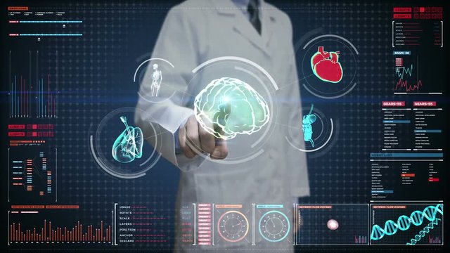 Doctor touching digital screen, Scanning brain, heart, lungs, internal organs in digital display dashboard. X-ray view.