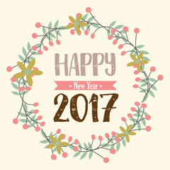 happy new year. lettering with wreath flower. cute design concept. vector illustration.