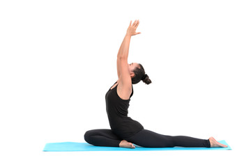 Beautiful Asian woman practicing yoga pose on white background