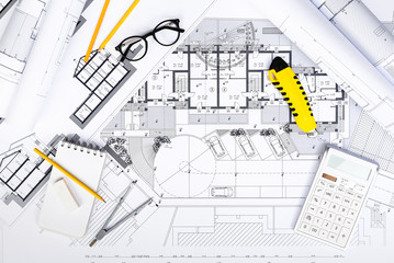Construction plans with drawing Tools and Calculatore on bluepri
