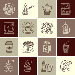 Coffee making equipment vector line icons. Elements - moka pot, french press, grinder, espresso, cup, beans, croissant. Linear pictogram with editable stroke for restaurant menu.