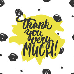 Thank you very much - hand drawn lettering phrase isolated on the polka dot background. Fun brush ink inscription for photo overlays, greeting card or t-shirt print, poster design