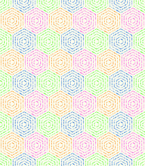 Geometric repeating ornament with hexagonal colorful dotted elements. Seamless abstract modern pattern