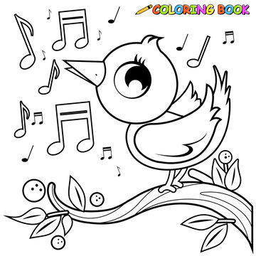 Cute bird on a tree branch singing. Vector black and white coloring page.