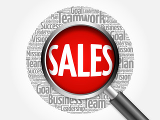 Sales word cloud with magnifying glass, business concept 3D illustration