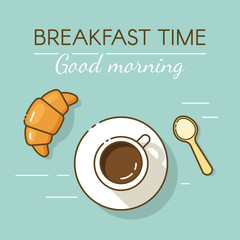 Coffee cup and croissant in outline flat style. Concept for breakfast menu, cafe, restaurant.
