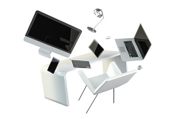 3D rendering flying workplace with laptop phone and tablet