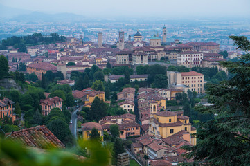 View at Old Town of Bergamo from San Vigilio Hill. Italy