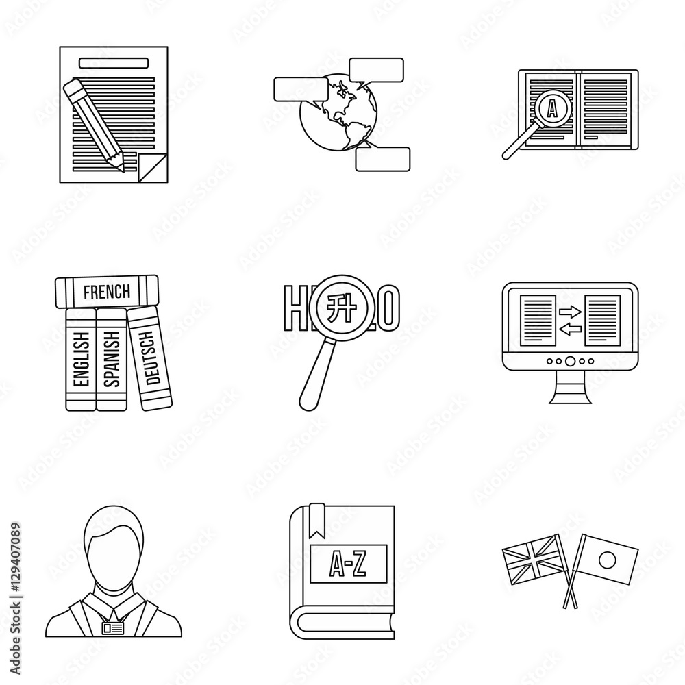 Poster translation of language icons set. outline illustration of 9 translation of language vector icons fo