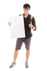Male student holding a white board against white background. Asi