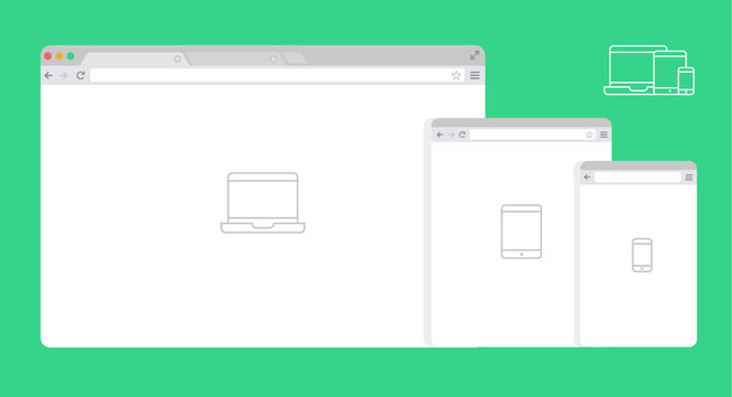 Set of Flat blank browser windows for different devices. Vector. Computer, tablet, phone sizes. Device Icons: smart phone, tablet and desktop computer. Vector illustration of responsive web design.