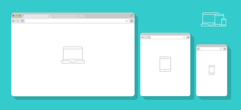 Set of Flat blank browser windows for different devices. Vector. Computer, tablet, phone sizes. Device Icons: smart phone, tablet and desktop computer. Vector illustration of responsive web design.