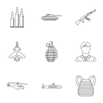 Military defense icons set. Outline illustration of 9 military defense vector icons for web